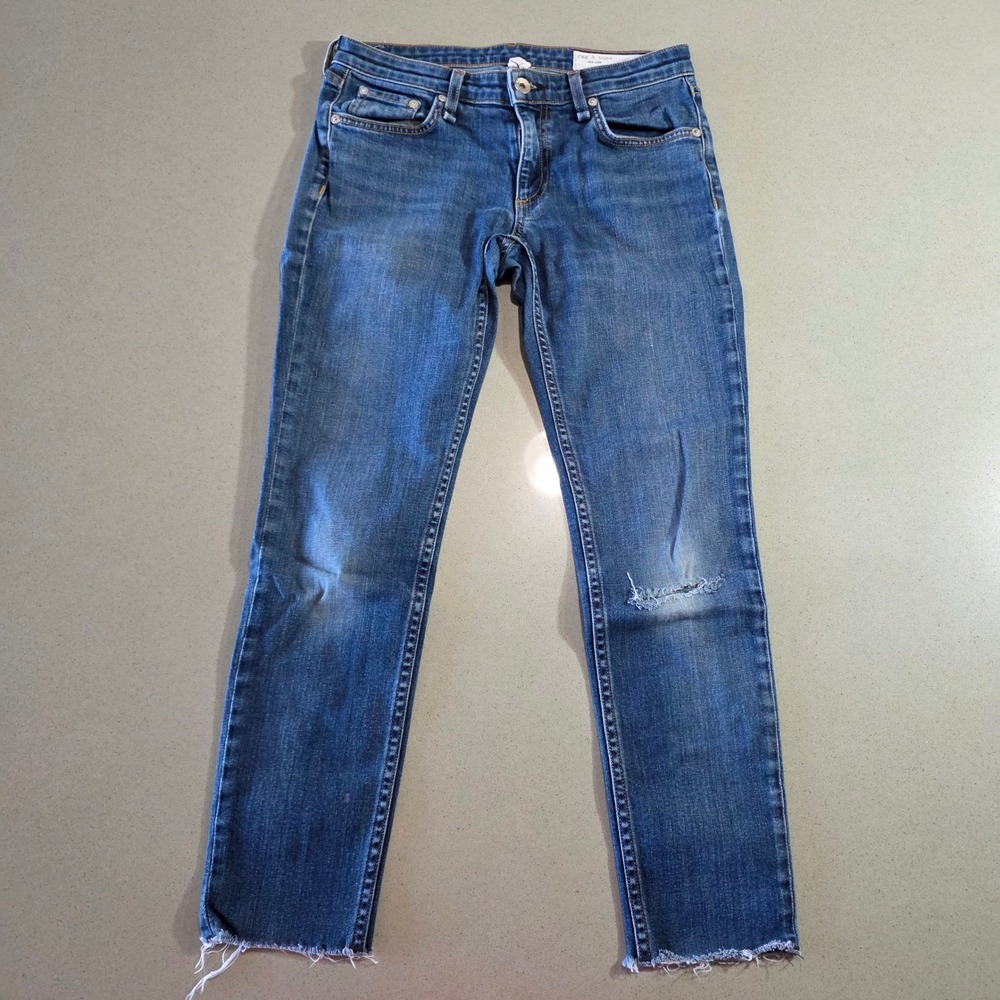 Rag & Bone Skinny Jeans Size 24 Medium Wash Raw Hem Distressed Blue Denim